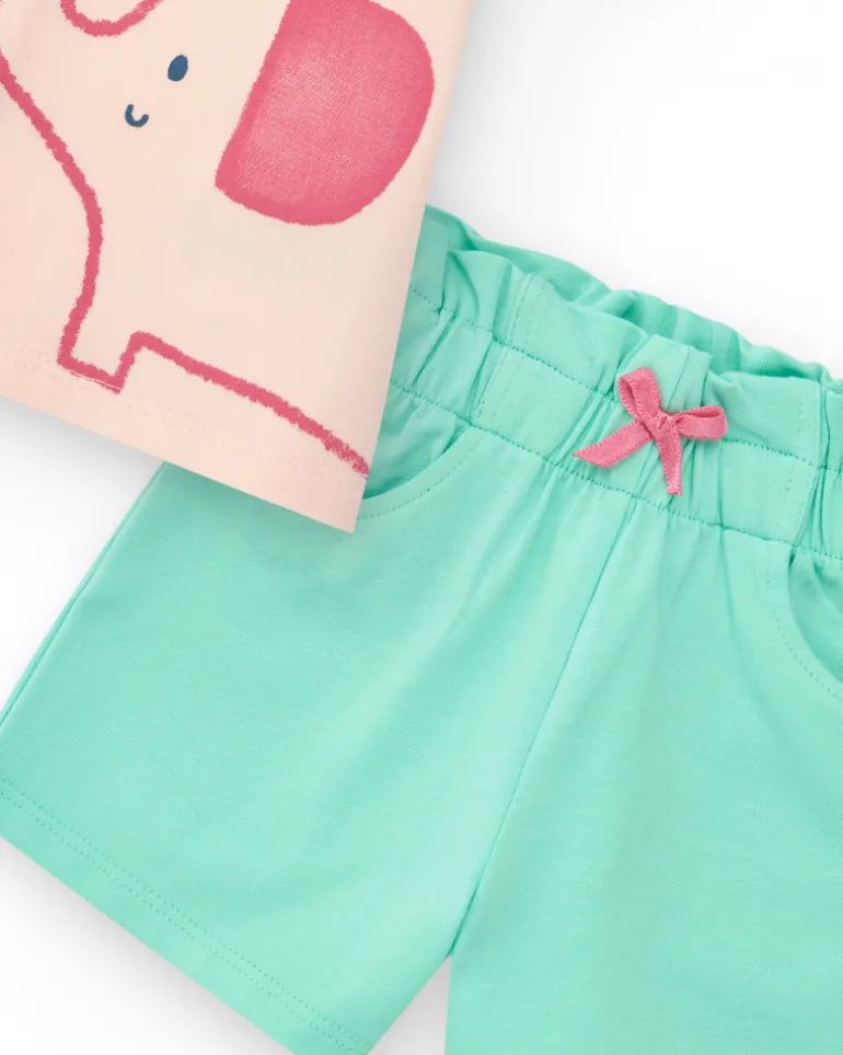Conjunto rosa para niña con camiseta de elefante y pantalón corto verde