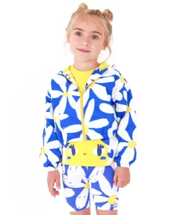 Cortavientos para niña en azul con flores y detalles amarillos
