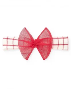 Diadema de punto para niña con cuadros rojos y blancos y lazo de tul