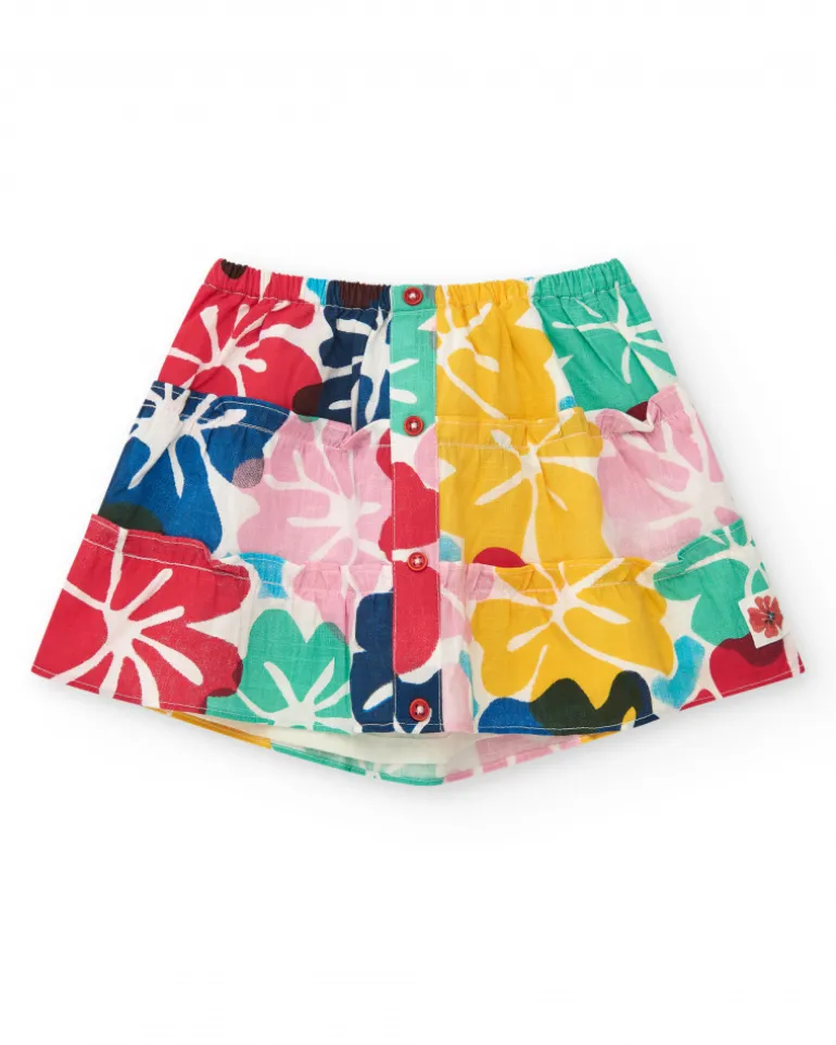 Falda para niña con estampado floral multicolor y botones