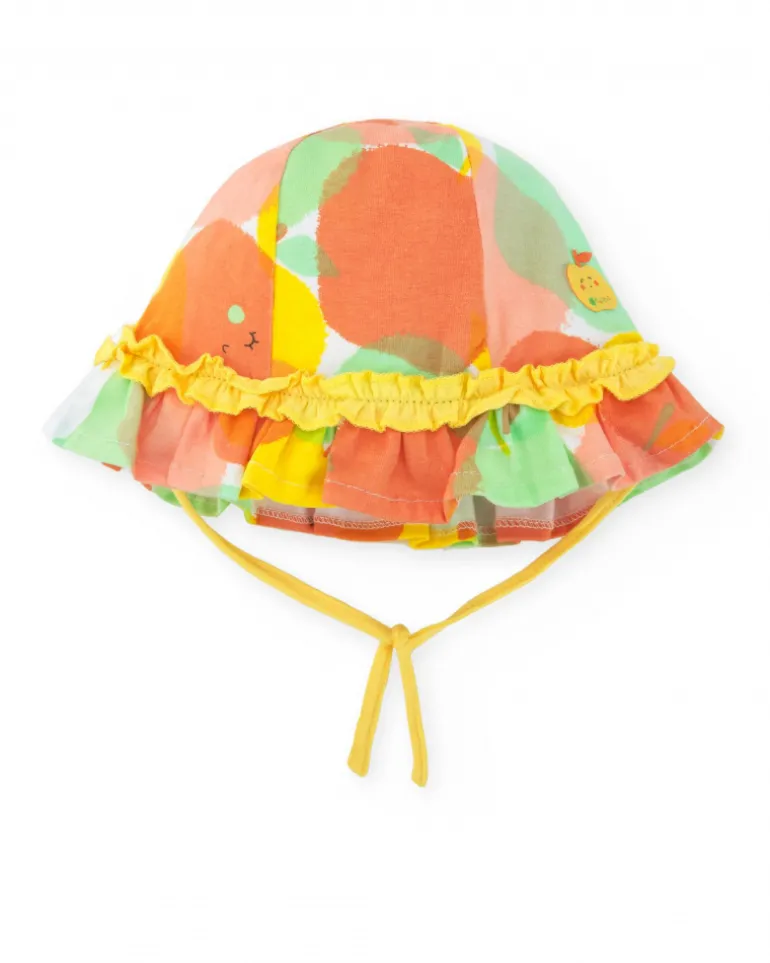 Gorro multicolor para niña con frutas y volantes amarillos