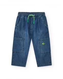 Pantalón cargo para niño en denim azul con detalles verdes