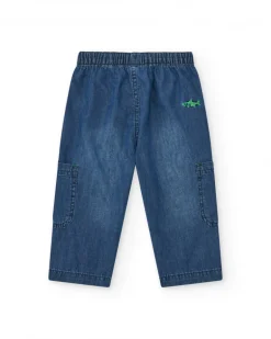 Pantalón cargo para niño en denim azul con detalles verdes