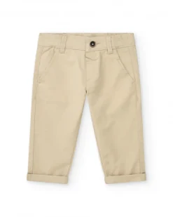 Pantalón largo beige para niño con bolsillos y dobladillo enrollado