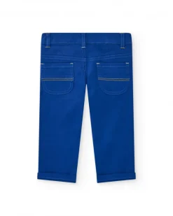 Pantalón para niño en azul con bolsillos y costuras en amarillo