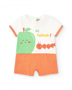 Pelele de punto para niño blanco y naranja con estampado de manzana y mensaje "Hi Friend!"