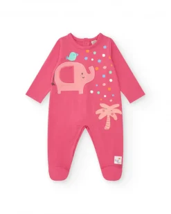 Pelele fucsia para niña con estampado de elefante, palmera y lunares
