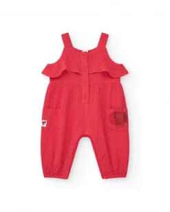 Pelele rojo para niña con volantes y bolsillos con aplique de pez