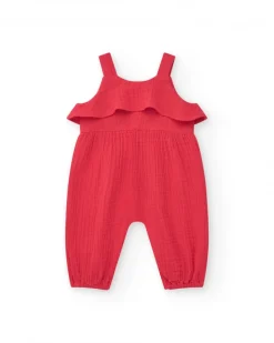 Pelele rojo para niña con volantes y bolsillos con aplique de pez