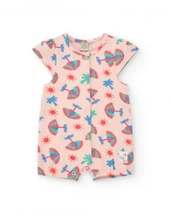 Pelele rosa para niña con estampado tropical y botones delanteros
