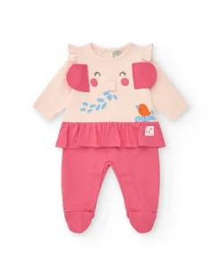 Pelele rosa y crema para niña con elefante en relieve y volante en la cintura