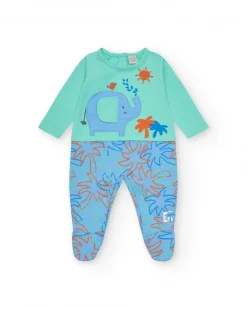 Pelele verde para niño con estampado de palmeras, elefante y sol