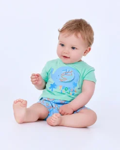 Pelele verde para niño con estampado de elefante y hojas en tonos azul, verde y naranja