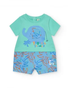 Pelele verde para niño con estampado de elefante y hojas en tonos azul, verde y naranja