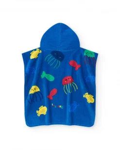 Toalla-poncho para niño color azul con estampado y capucha
