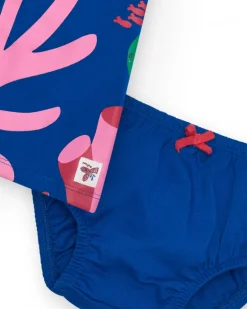 Vestido azul de punto para niña con estampado marino y coral rosa