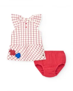 Vestido blanco de cuadros rojos con culetín rojo a juego