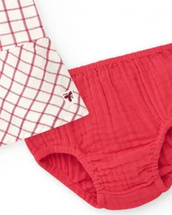 Vestido blanco de cuadros rojos con culetín rojo a juego