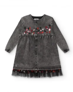 Vestido gris denim con detalles bordados para niña colección Dark and Roses