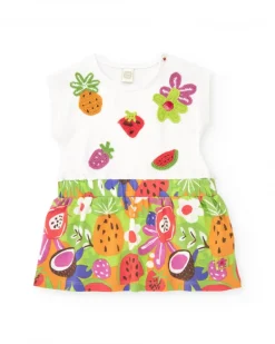 Vestido para niña con top blanco bordado y falda de frutas tropicales