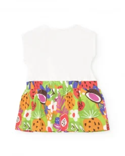 Vestido para niña con top blanco bordado y falda de frutas tropicales