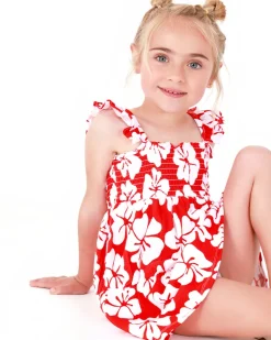 Vestido para niña en rojo con estampado floral y tirantes fruncidos