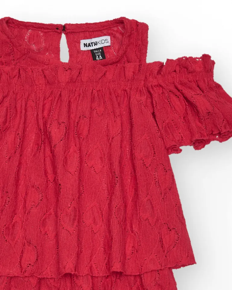 Vestido para niña en rojo con volantes y hombros descubiertos