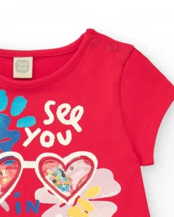 Vestido para niña en rojo con falda floral y detalles de lentejuelas