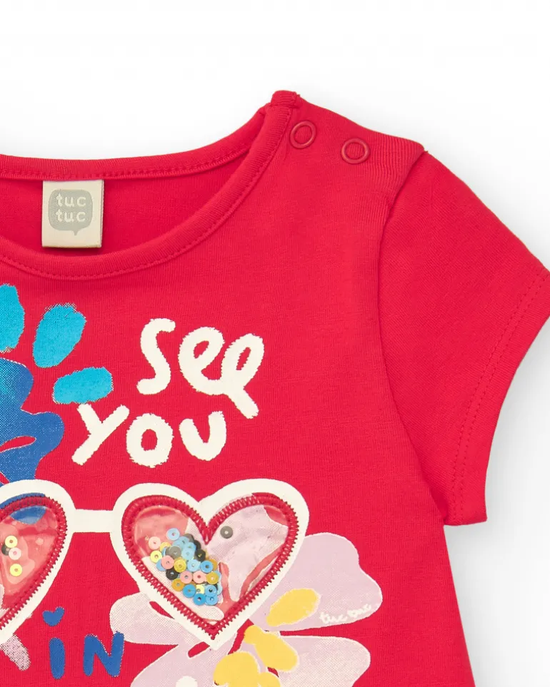 Vestido para niña en rojo con falda floral y detalles de lentejuelas