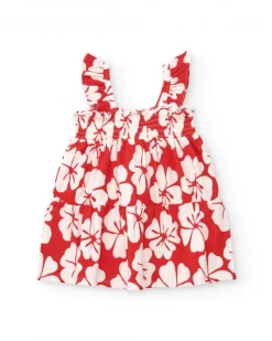 Vestido para niña en rojo con estampado floral y tirantes fruncidos
