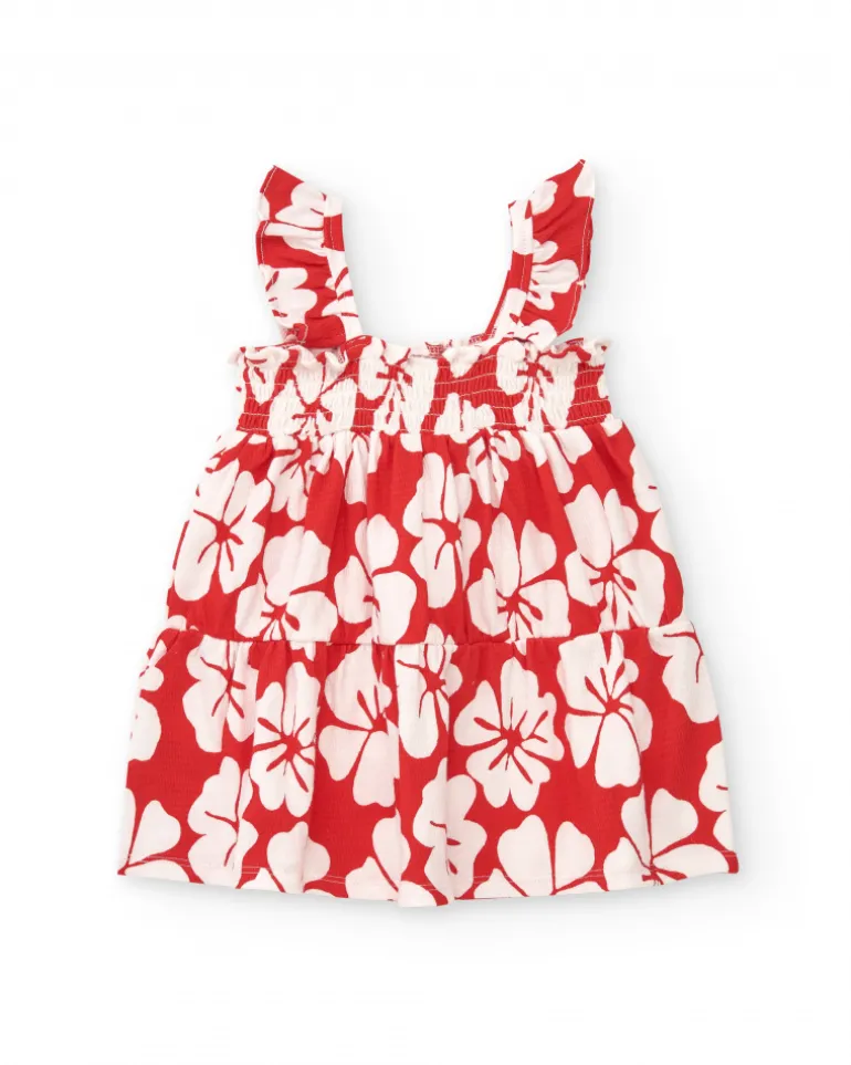 Vestido para niña en rojo con estampado floral y tirantes fruncidos
