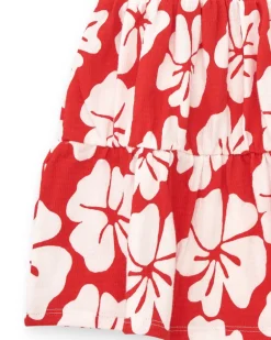 Vestido para niña en rojo con estampado floral y tirantes fruncidos