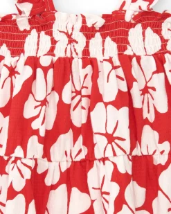 Vestido para niña en rojo con estampado floral y tirantes fruncidos