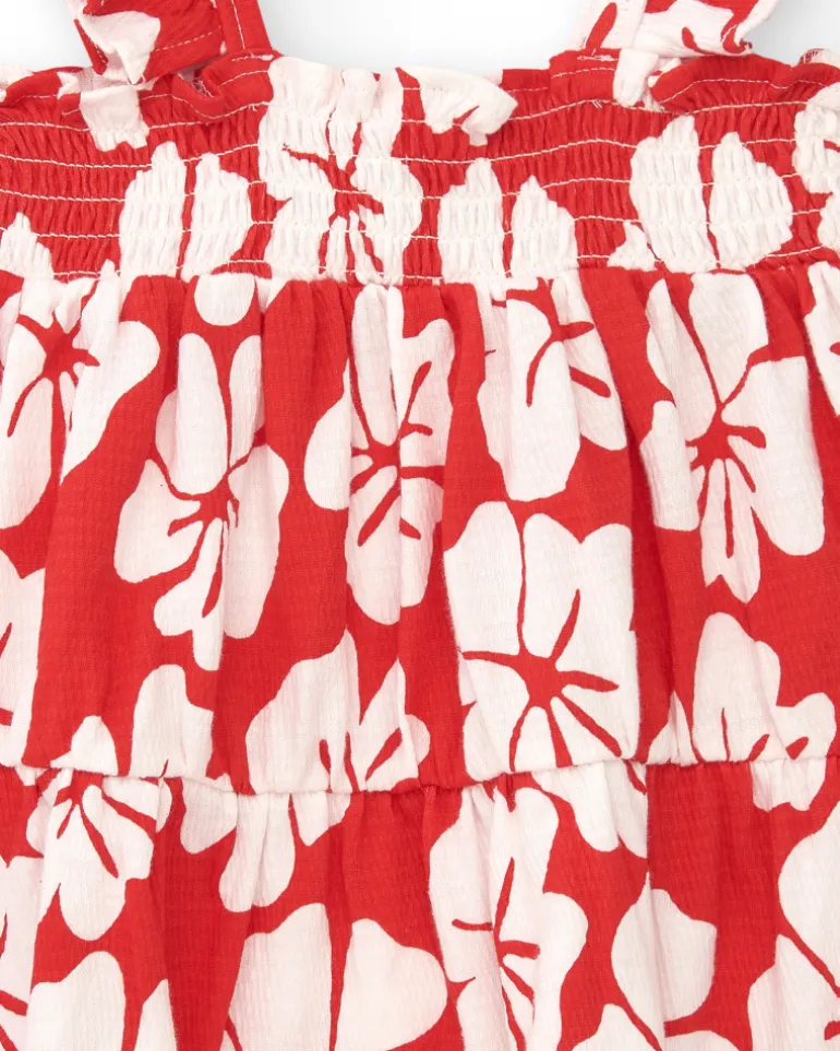 Vestido para niña en rojo con estampado floral y tirantes fruncidos
