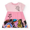 Vestido para niña en rosa con estrellas y flores multicolor