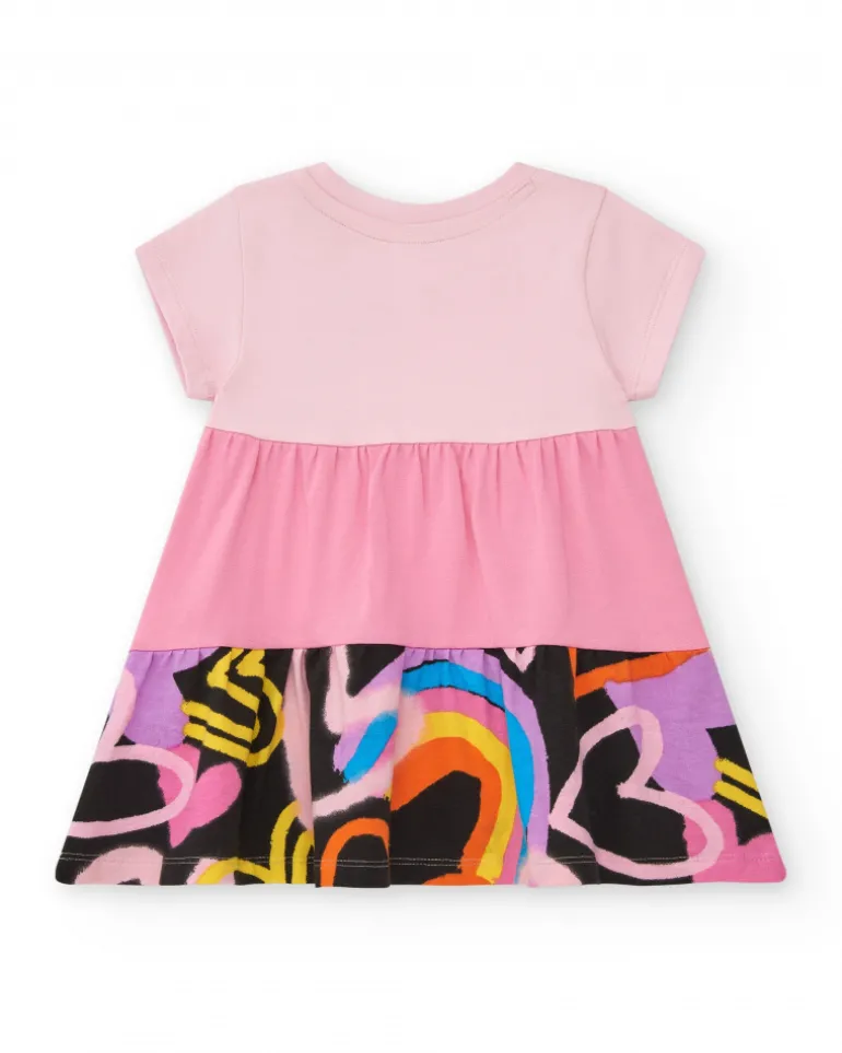 Vestido para niña en rosa con estrellas y flores multicolor