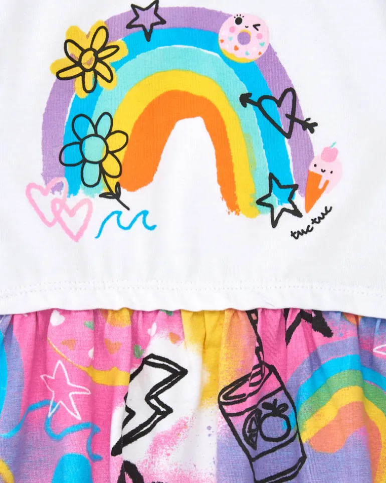 Vestido para niña en rosa con arcoíris y falda fluida