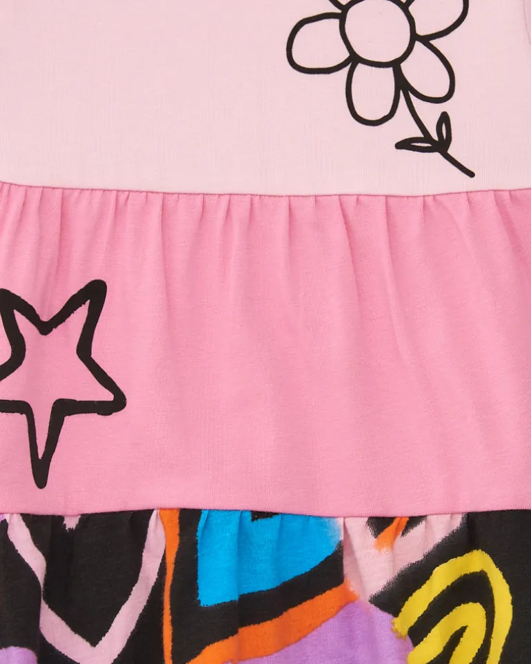 Vestido para niña en rosa con estrellas y flores multicolor
